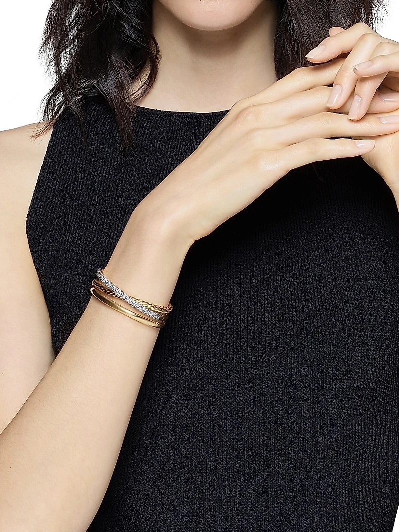 Pavé Crossover Three Row Cuff Bracelet 18K Yellow Gold