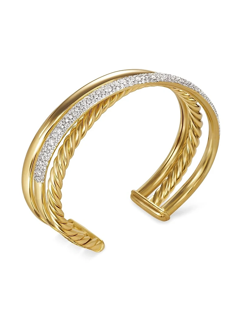 Pavé Crossover Three Row Cuff Bracelet 18K Yellow Gold