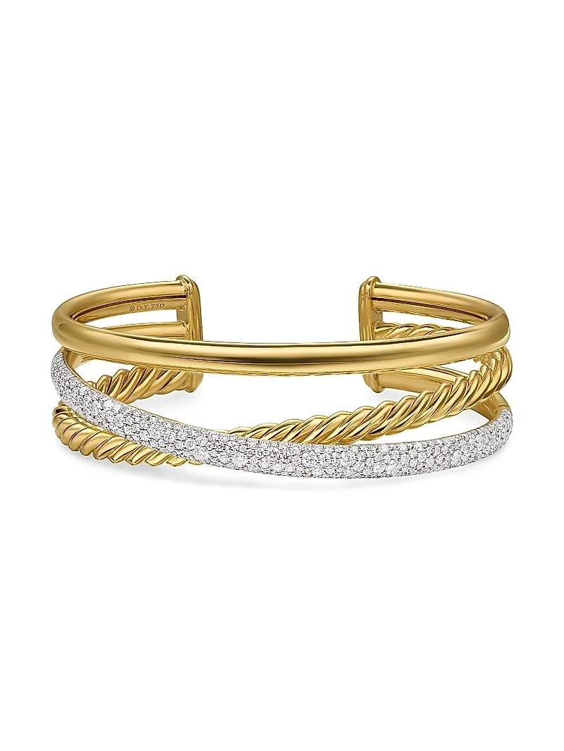 Pavé Crossover Three Row Cuff Bracelet 18K Yellow Gold