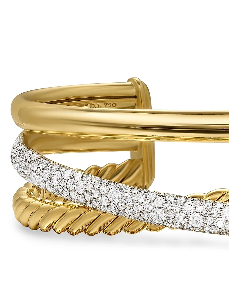 Pavé Crossover Three Row Cuff Bracelet 18K Yellow Gold