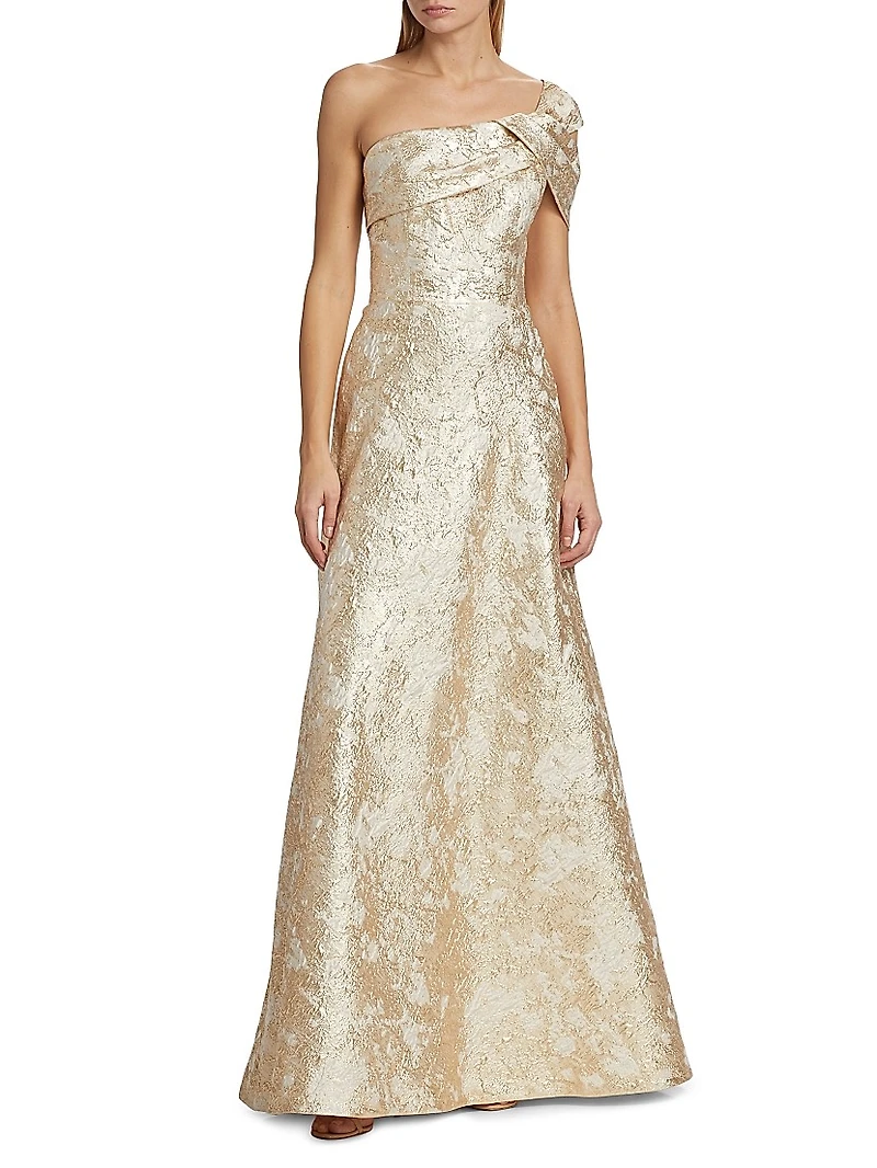 Metallic Jacquard One-Shoulder Gown