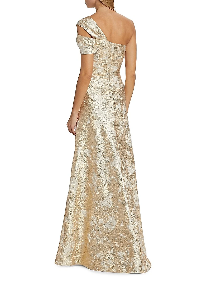 Metallic Jacquard One-Shoulder Gown
