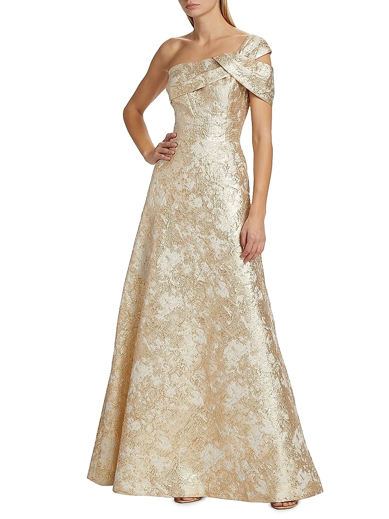 Metallic Jacquard One-Shoulder Gown