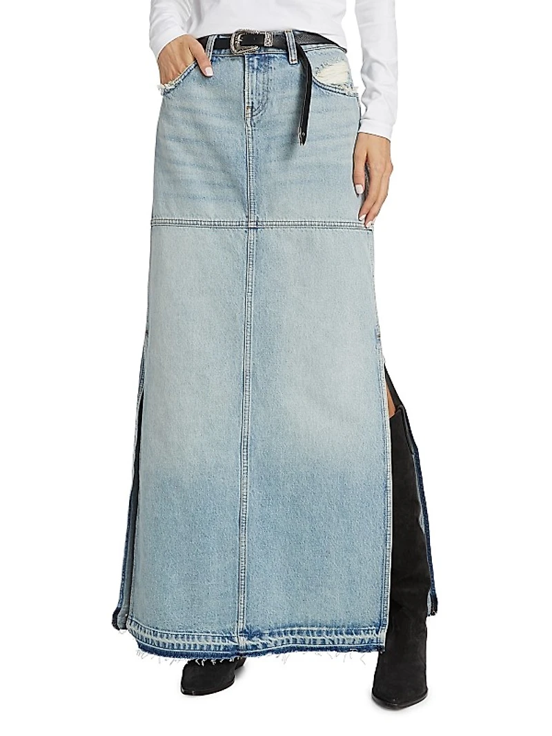 Distressed A-Line Denim Skirt