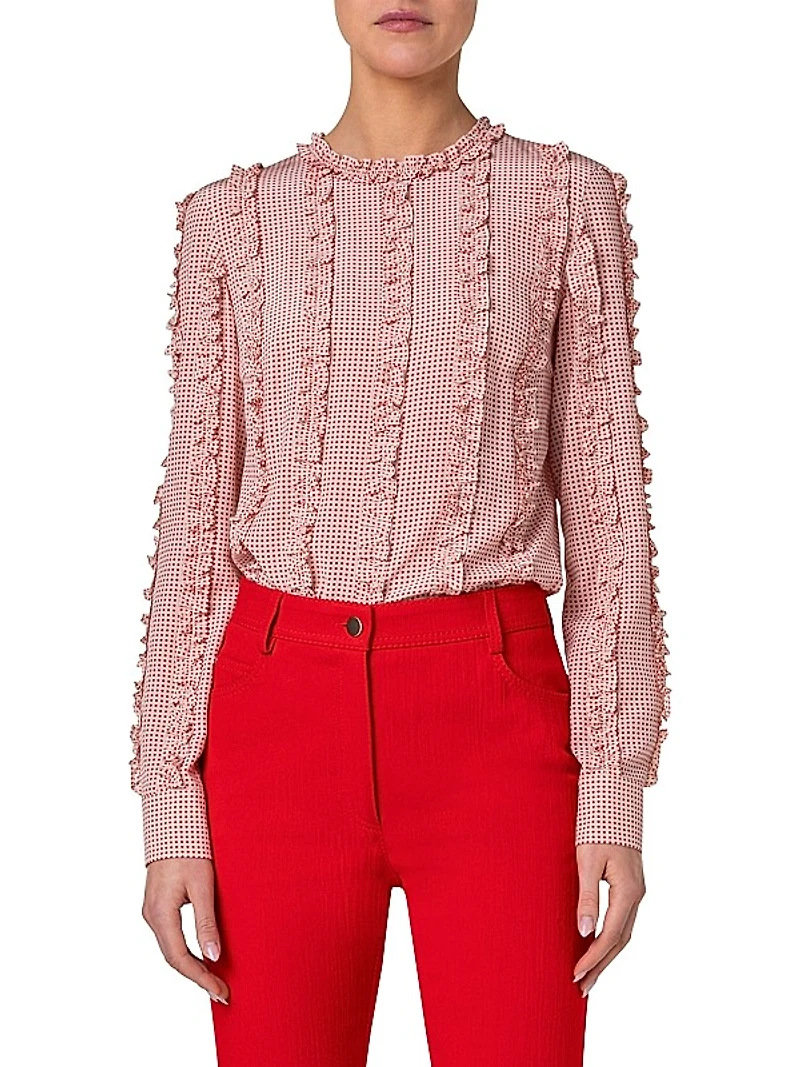 Pin Dot Silk Ruffle Blouse