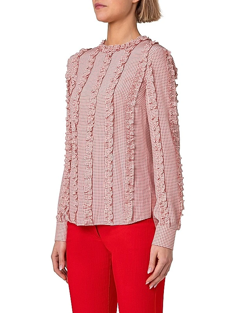 Pin Dot Silk Ruffle Blouse