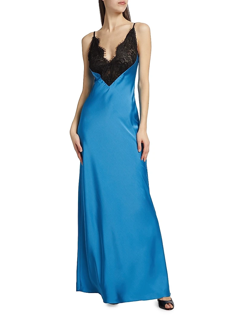 Malo Colorblocked Lace-Trimmed Satin Maxi Dress