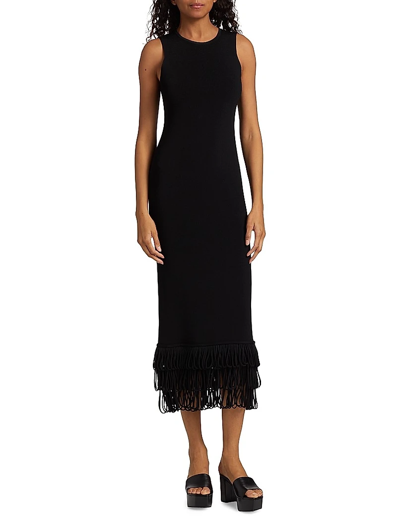 Albers Fringed Knit Sleeveless Midi-Dress