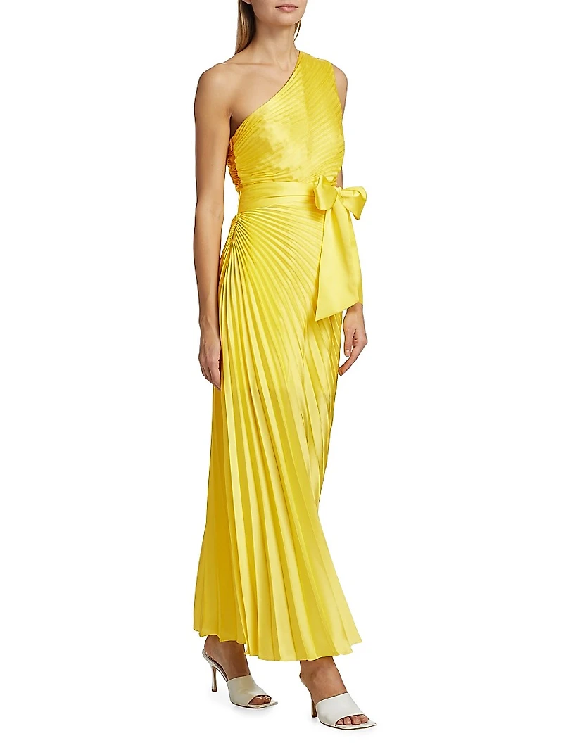 Estelle Pleated Satin One-Shoulder Dress
