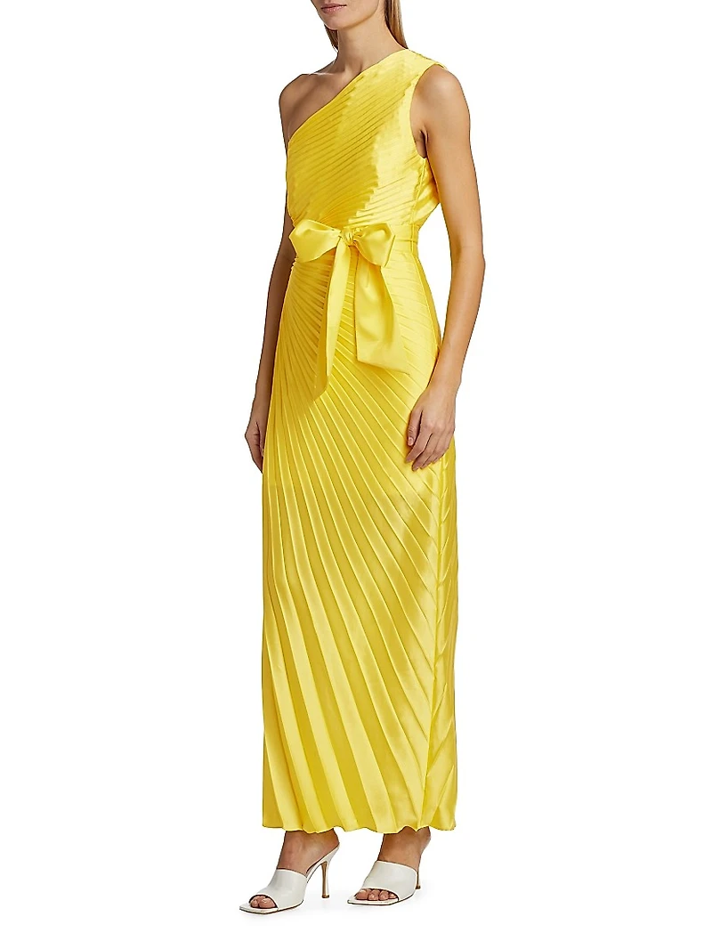 Estelle Pleated Satin One-Shoulder Dress