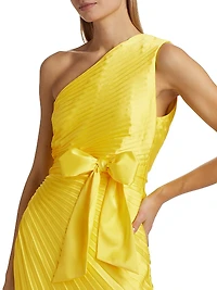 Estelle Pleated Satin One-Shoulder Dress