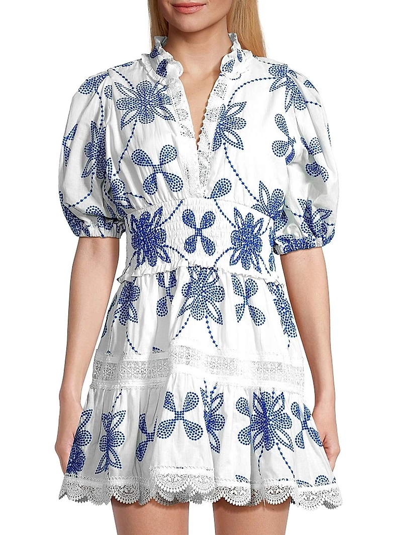 Eternus Pauline Embroidered Puff-Sleeve Minidress