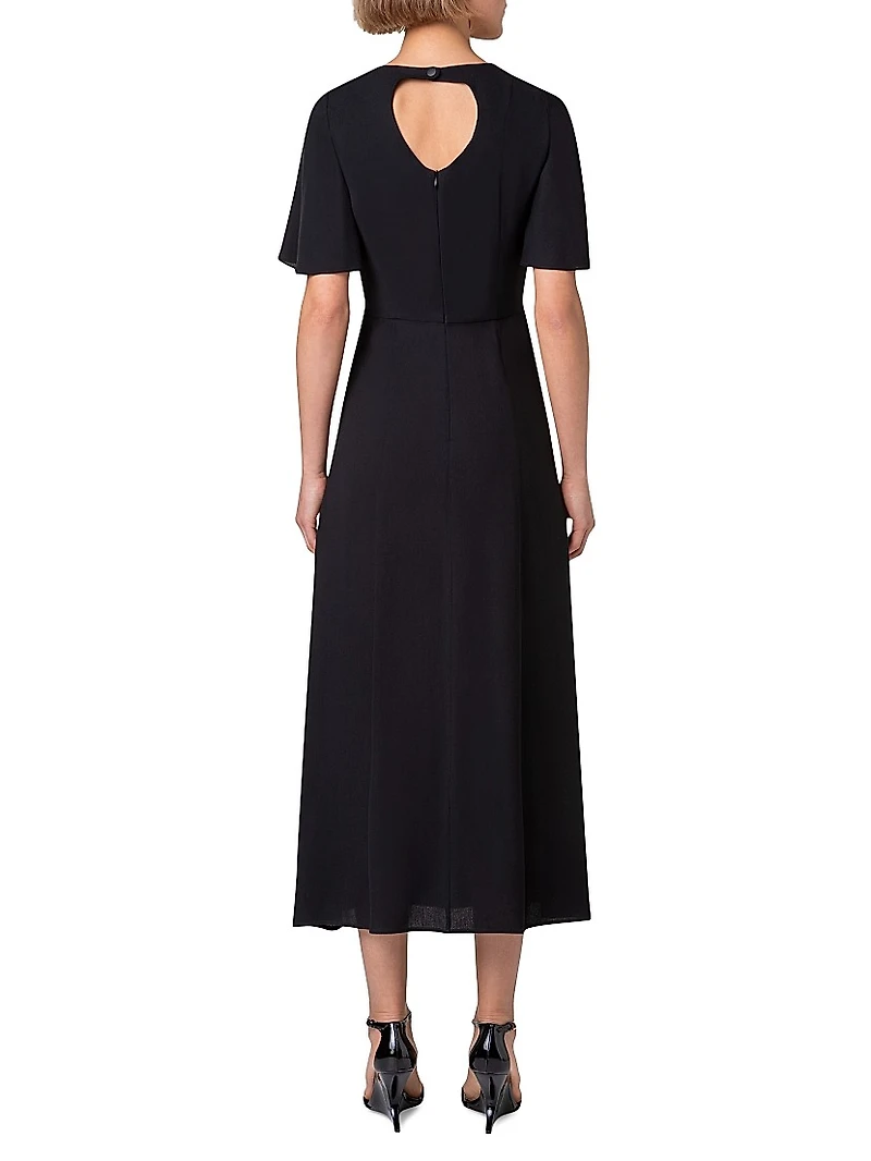 Crepe Flutter-Sleeve Midi-Dress