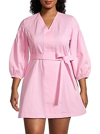 Plus Puff-Sleeve Cotton Mini Sheath Dress