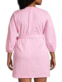 Plus Puff-Sleeve Cotton Mini Sheath Dress