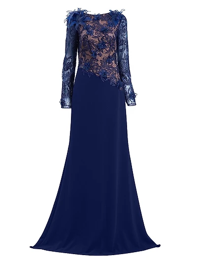 Floral Lace Asymmetric Long-Sleeve Gown