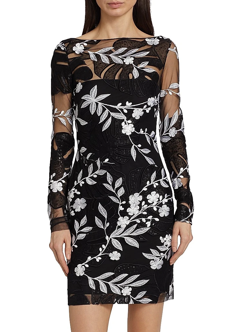 Sequined & Floral- Embroidered Cocktail Minidress