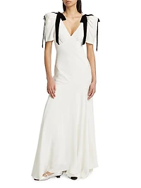 Velvet Ribbon Bow Silk Crepe Bias-Cut Gown