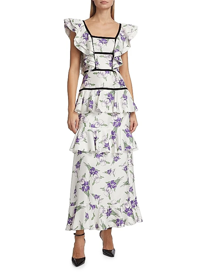 Iris Print Silk Twill Ruffle Cocktail Dress
