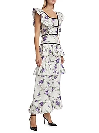 Iris Print Silk Twill Ruffle Cocktail Dress