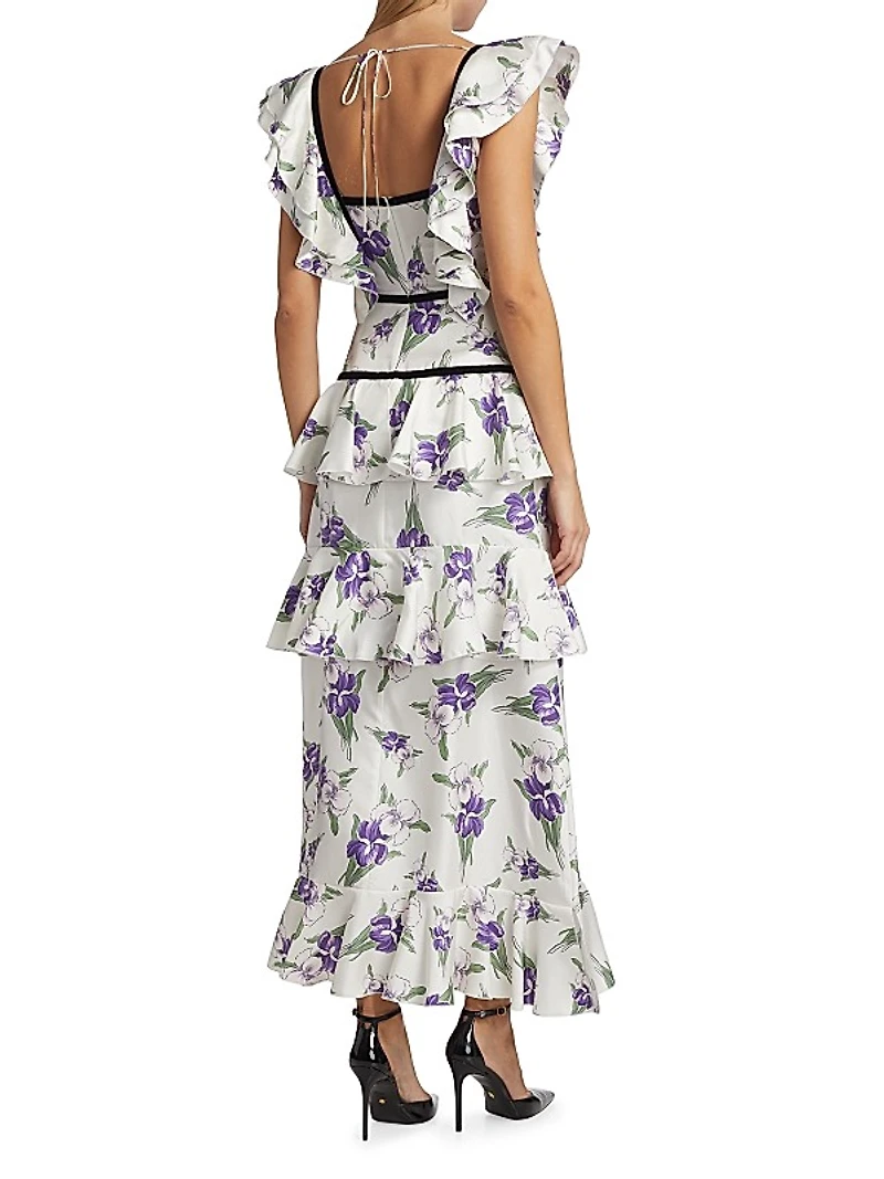 Iris Print Silk Twill Ruffle Cocktail Dress