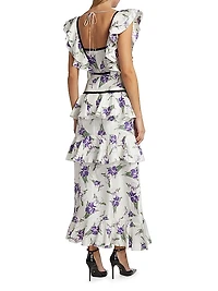 Iris Print Silk Twill Ruffle Cocktail Dress