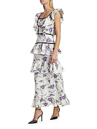 Iris Print Silk Twill Ruffle Cocktail Dress