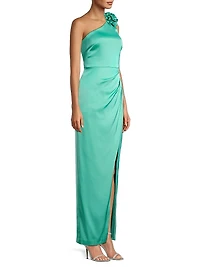Floral Satin One-Shoulder Gown