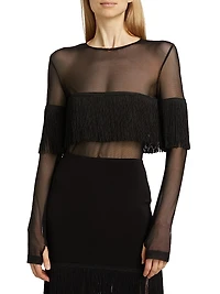 Long-Sleeve Crewneck Fringe Top