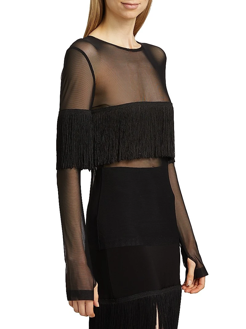 Long-Sleeve Crewneck Fringe Top