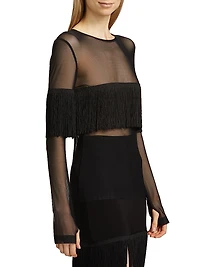 Long-Sleeve Crewneck Fringe Top