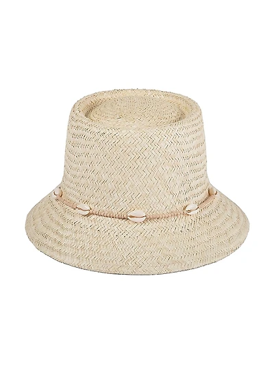Seashell-Embellished Straw Bucket Hat