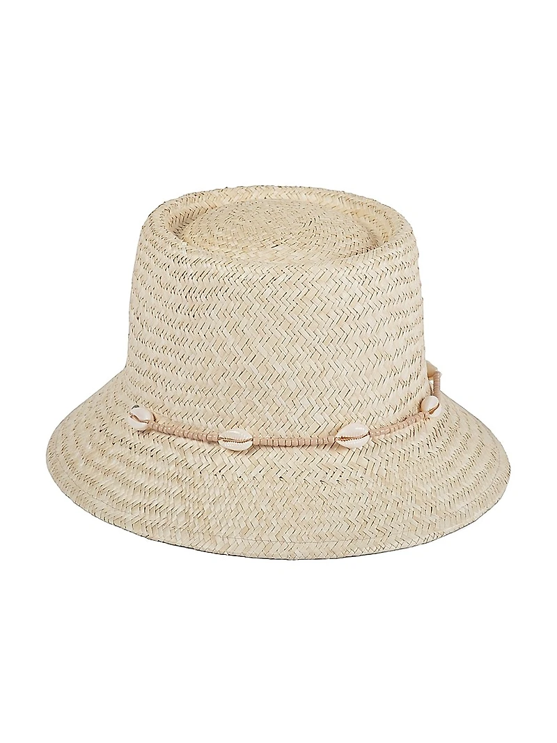 Seashell-Embellished Straw Bucket Hat