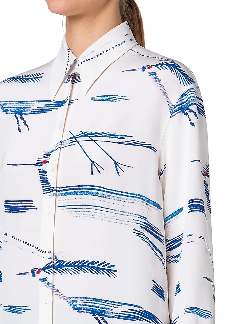 Kasuri Bird-Printed Silk Crepe Blouse
