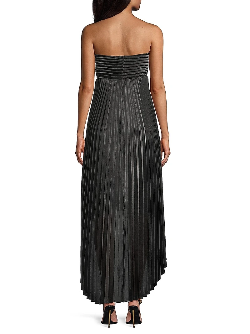 Pleated High-Low Strapless Midi-Dress