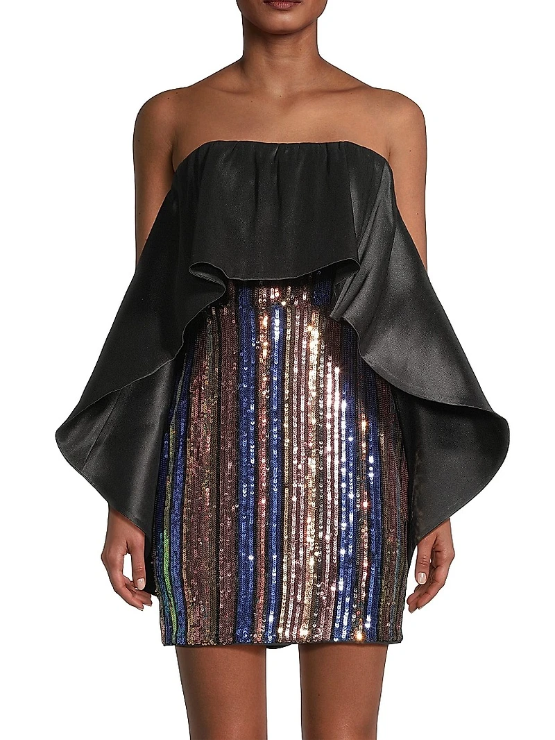 Sequined Stripe Cape Minidress