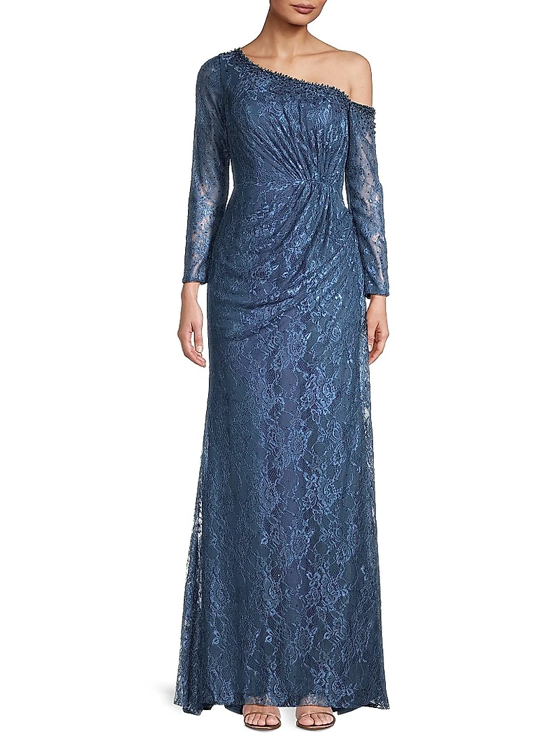Asymmetric Embellished Lace Sleeve Gown