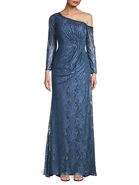 Asymmetric Embellished Lace Sleeve Gown