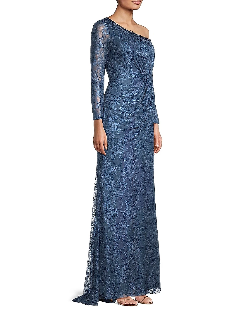 Asymmetric Embellished Lace Sleeve Gown