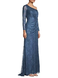 Asymmetric Embellished Lace Sleeve Gown