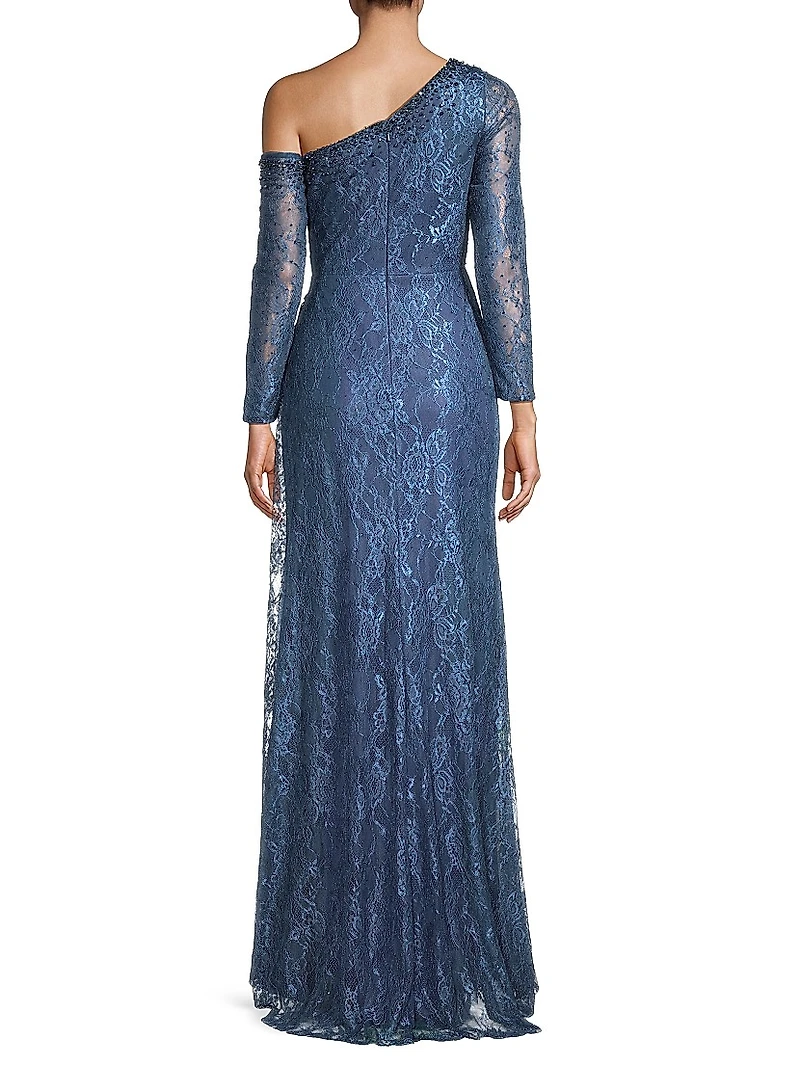Asymmetric Embellished Lace Sleeve Gown
