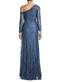 Asymmetric Embellished Lace Sleeve Gown