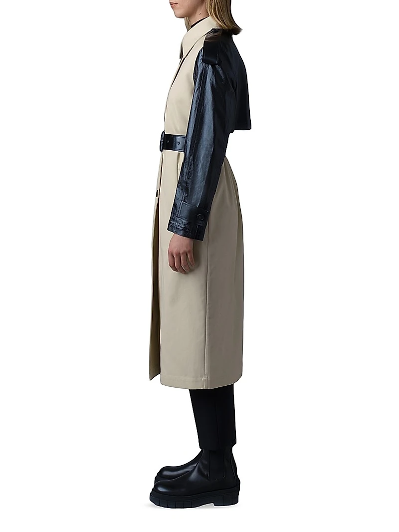 Leiko Twill-Leather Trench Coat