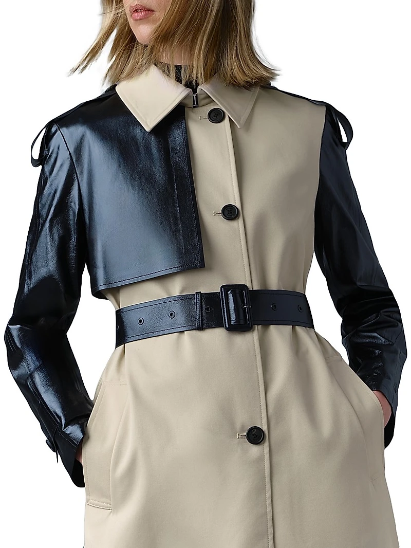 Leiko Twill-Leather Trench Coat