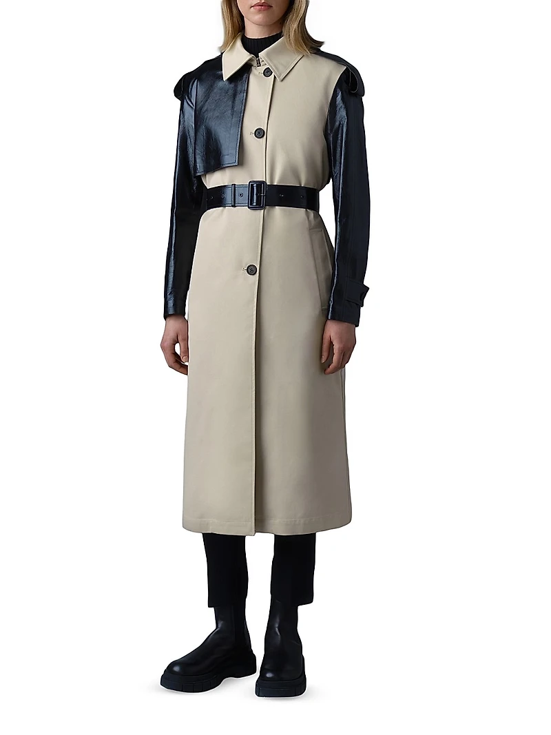 Leiko Twill-Leather Trench Coat
