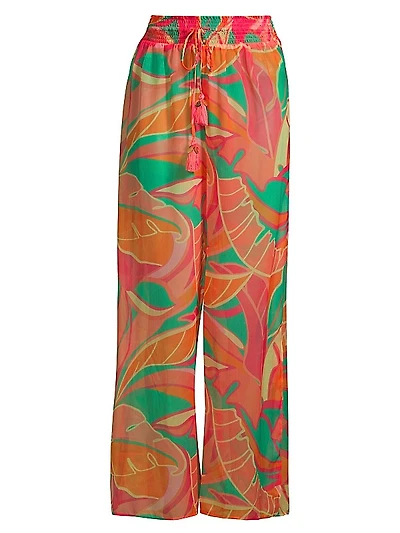 Haley Leaf-Print Wide-Leg Pants