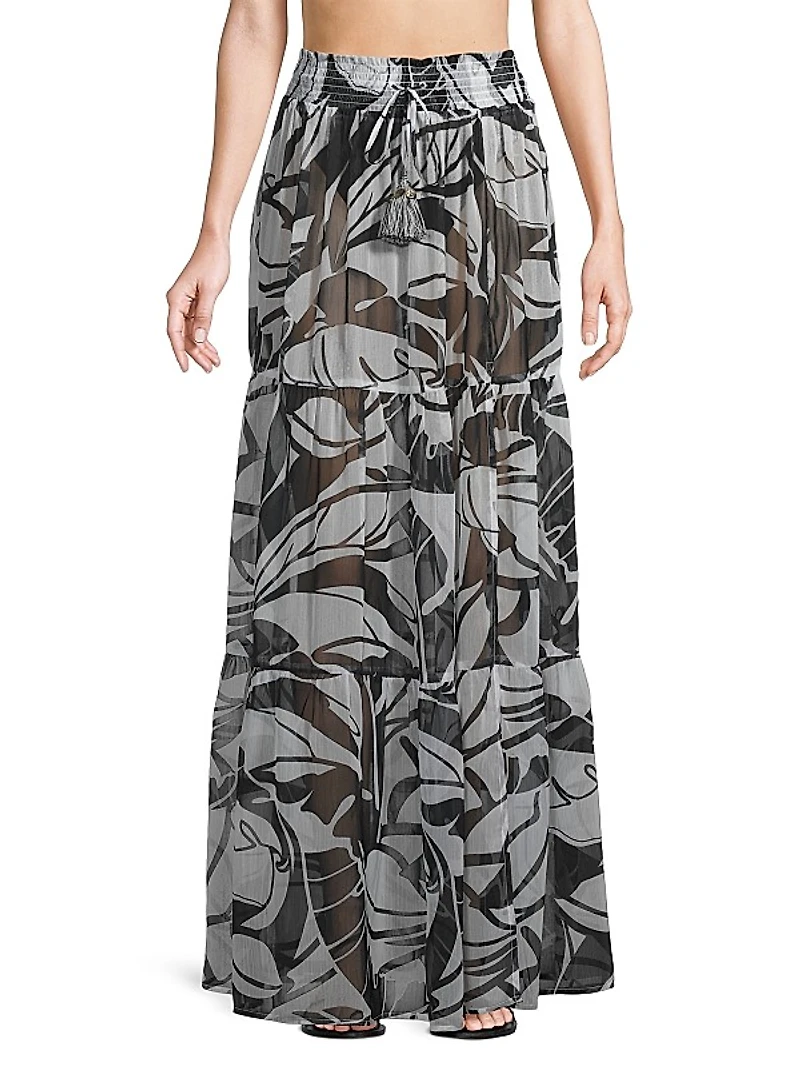 Cecelia Palm-Print Tiered Cover-Up Skirt
