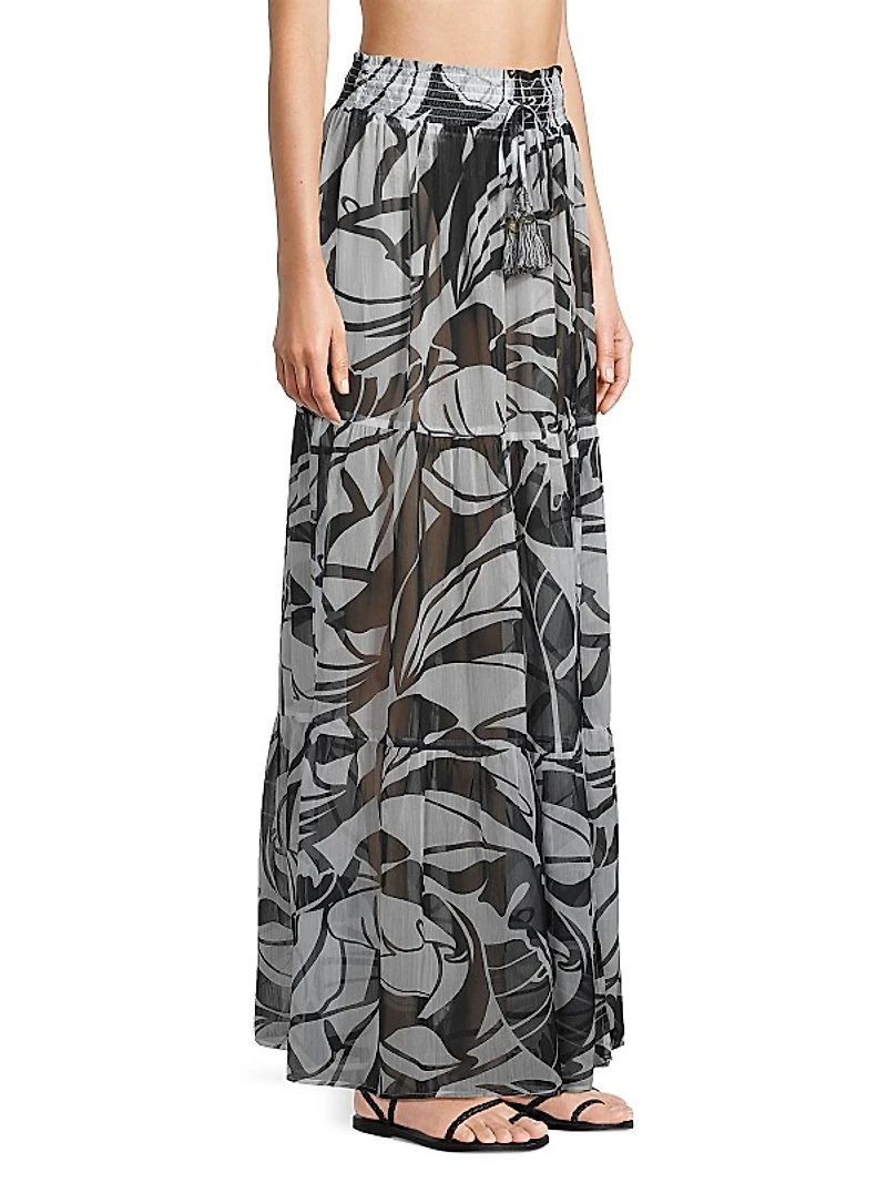 Cecelia Palm-Print Tiered Cover-Up Skirt