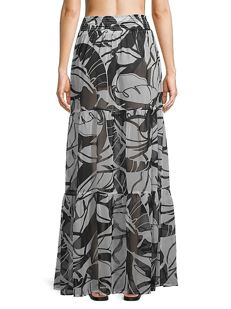 Cecelia Palm-Print Tiered Cover-Up Skirt