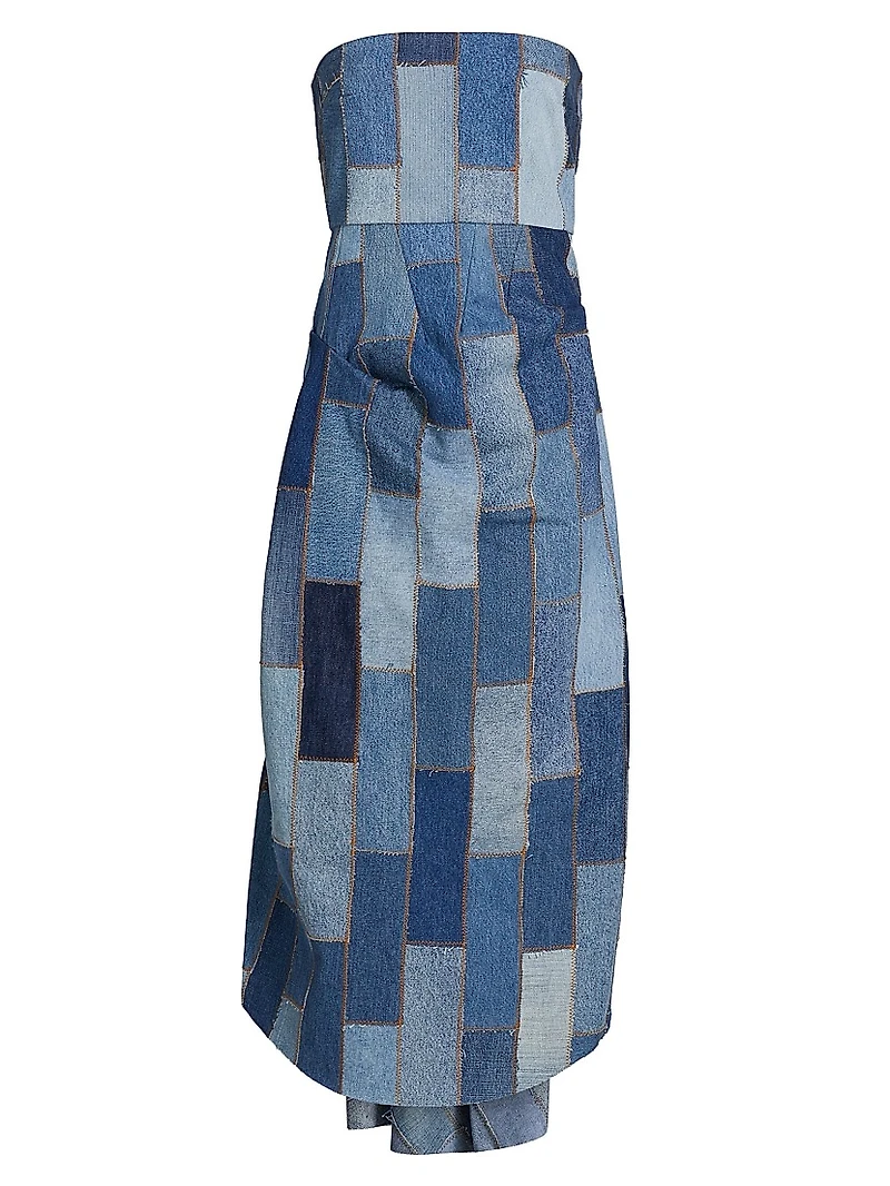 Patchwork Denim Strapless Bustle Dress